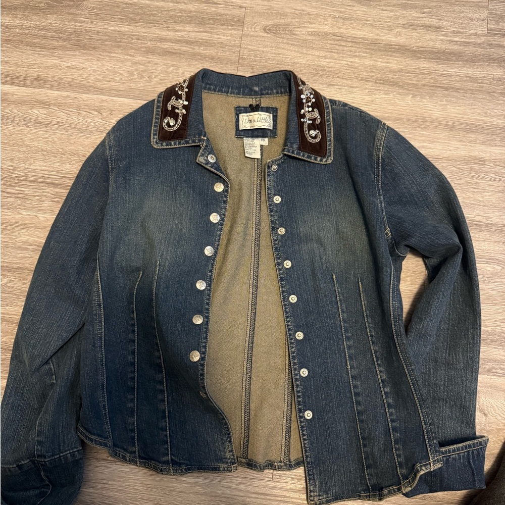 Live A Little Women's Denim Jacket Medium Wash Embroidered Size Petite M